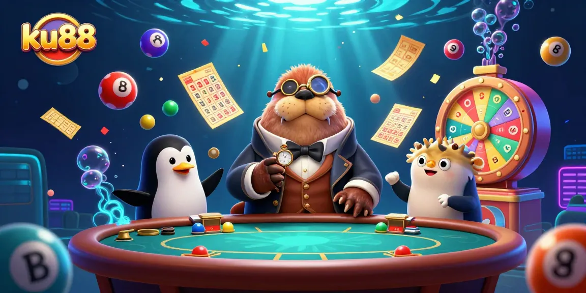 Experience exciting ku88 gameplay with a walrus, penguin dealer, and a pufferfish in an underwater casino scene.