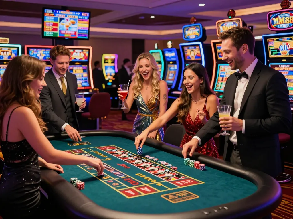 Exciting gambling scene at MM88 casino with friends celebrating around a roulette table, vibrant atmosphere, lively evening lighting