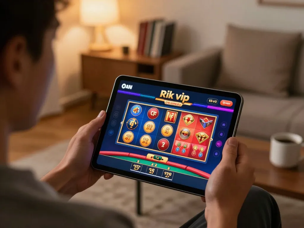 Engaging with the rik vip online casino on a tablet, displaying vibrant gaming options in a cozy home setting