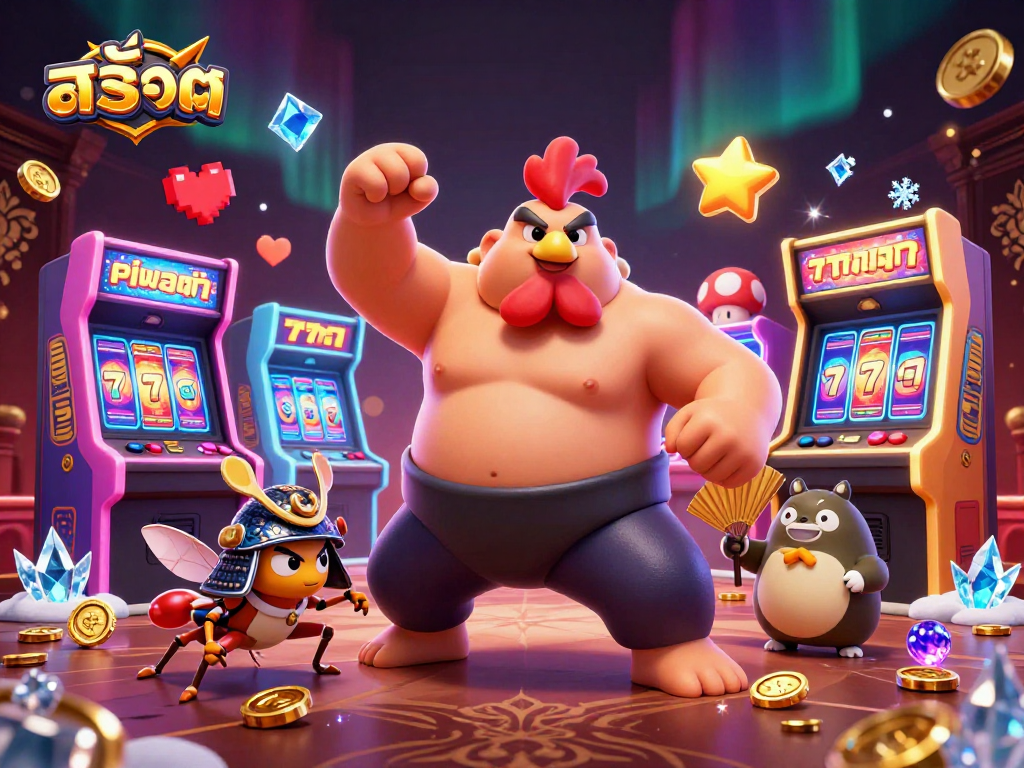 Spin the สล็อต reels with a powerful rooster and samurai cricket in a vibrant gambling scene.