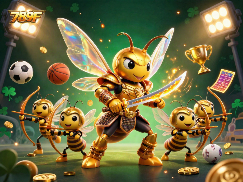 Experience thrilling games and sports action with 789F's vibrant 3D casino scene featuring golden hornet warriors.