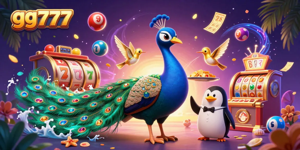 gg777 players enjoying a vibrant casino atmosphere with colorful lottery and slot game elements surrounding animated characters