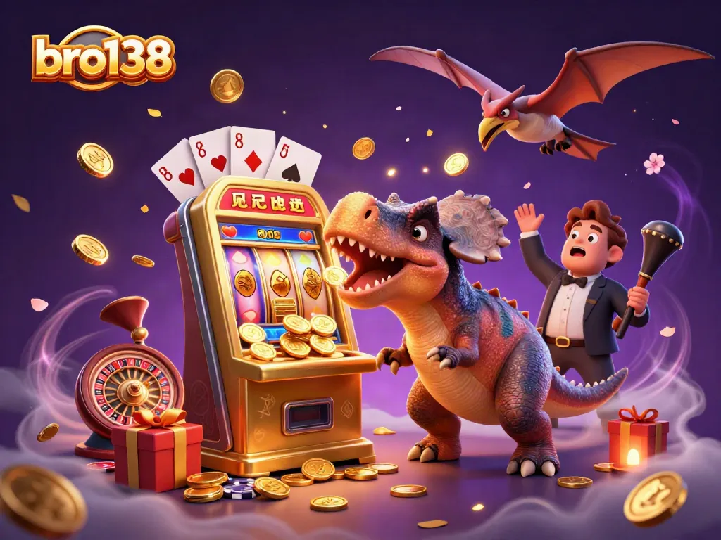 bro138's pachycephalosaurus and ankylosaur characters in a vibrant casino scene with golden coins and slot machines.