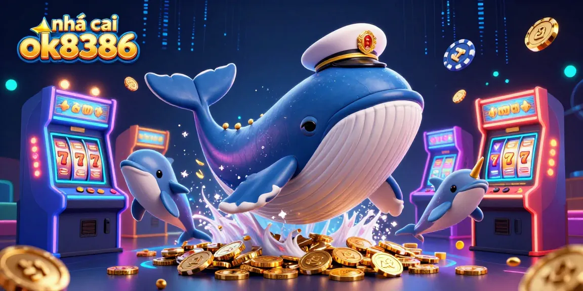 Engage with nhà cái ok8386 as a whale breaches coins with narwhal and dolphins, embodying fun casino gaming.
