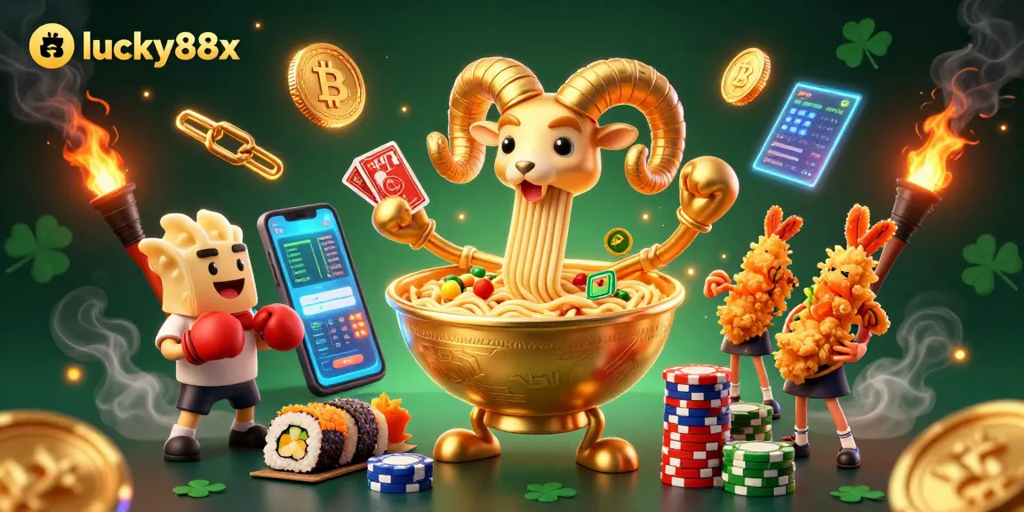 Engage with lucky88x while winning big in a vibrant casino-themed scene featuring cartoon characters and crypto elements.