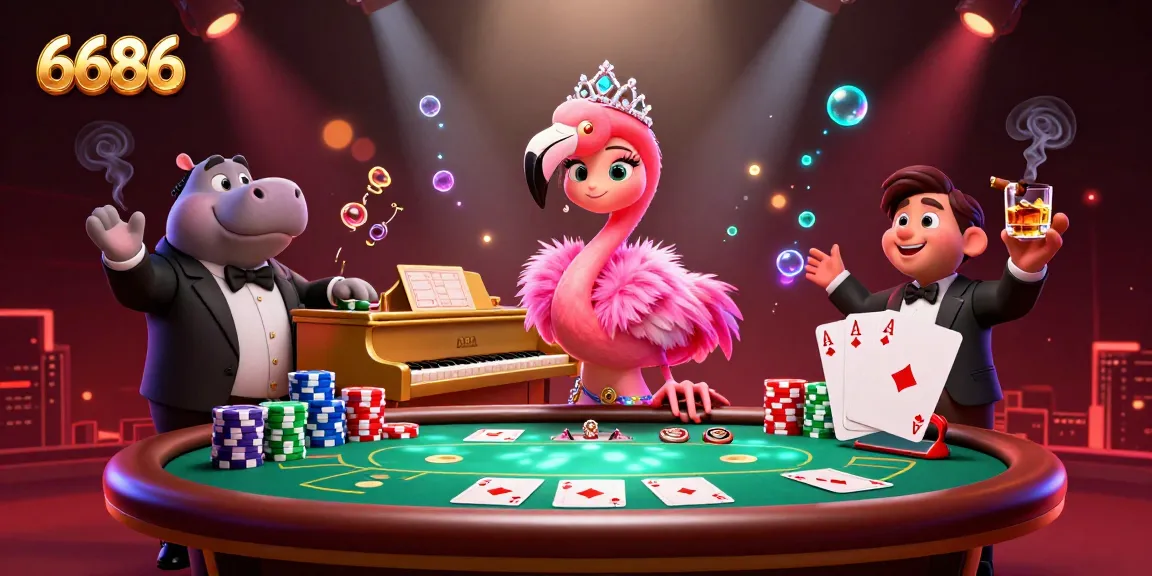 Experience the vibrant casino environment with 6686 featuring a singer flamingo and hippo bassist.