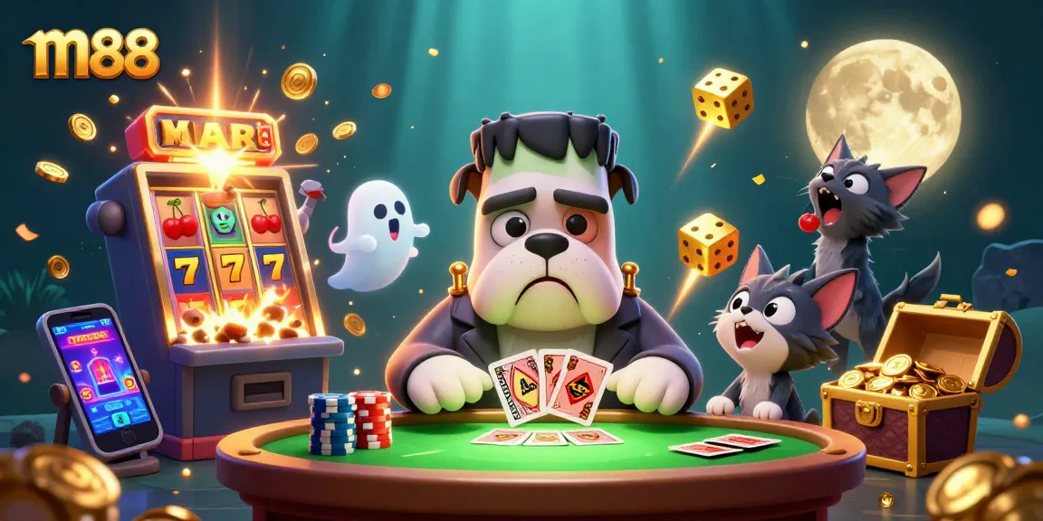 Join the fun at m88 with a thrilling gaming scene featuring a bulldog dealer, ghost mouse, and werewolf kitten.