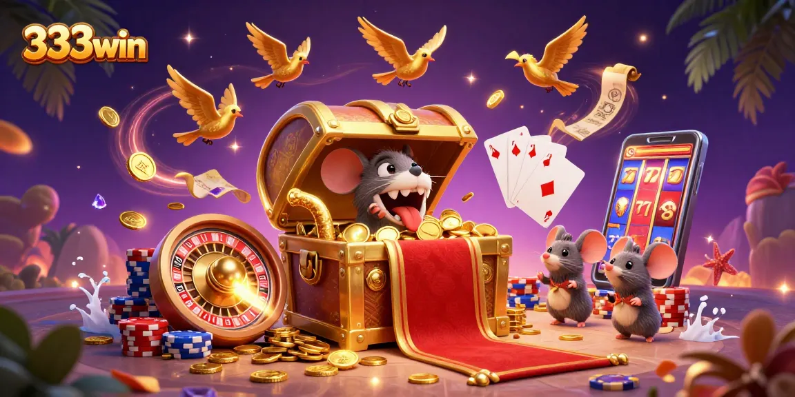 Experience the excitement of 333win with dynamic casino elements in an immersive 3D illustration.