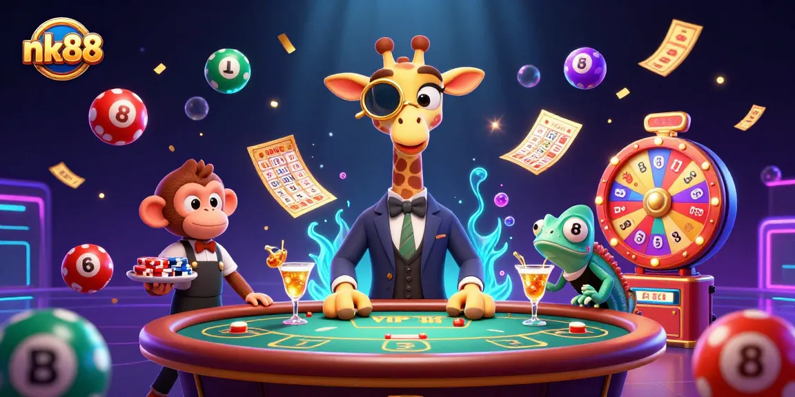 Join the excitement at nk88 with a vibrant casino scene featuring a giraffe, monkey, and chameleon.