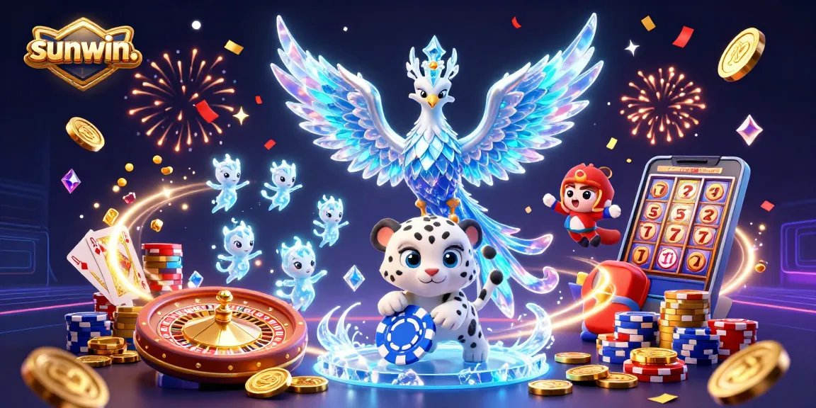 Spin and win big with sunwin. in a vibrant 3D casino scene featuring a phoenix and poker elements.