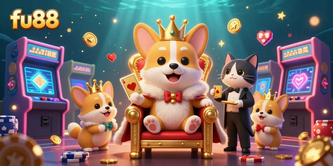 Win big at fu88 with a royal corgi theme in this vibrant 3D casino illustration.