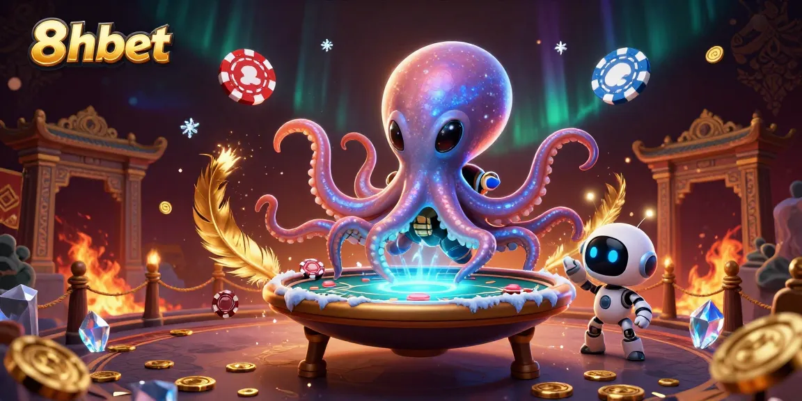 Experience thrilling gaming with 8xbet, featuring an alien octopus running a poker game in space.